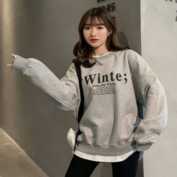 잇썸몰,여자 기모 맨투맨 프린팅 오버핏 데일리룩