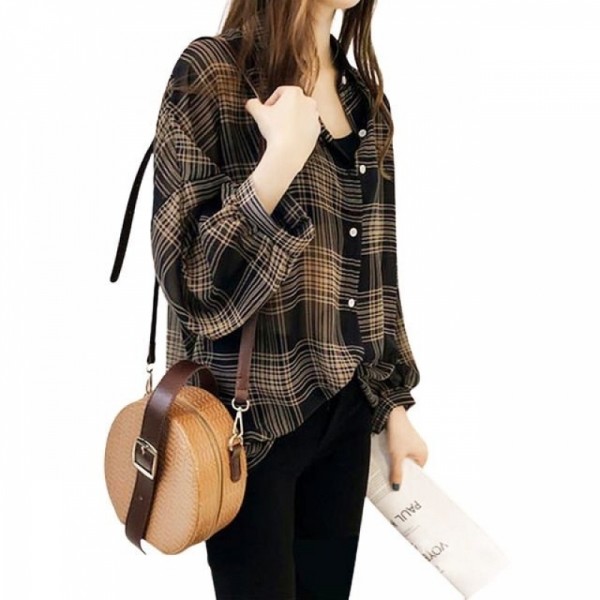 잇썸몰,가오리핏 루즈핏 긴팔셔츠 정장룩 체크 블라우스 셔츠