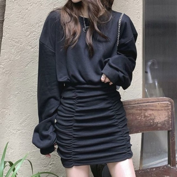 잇썸몰,예쁜 미니 원피스 라운드넥 여유핏 골지 스커트 셔링