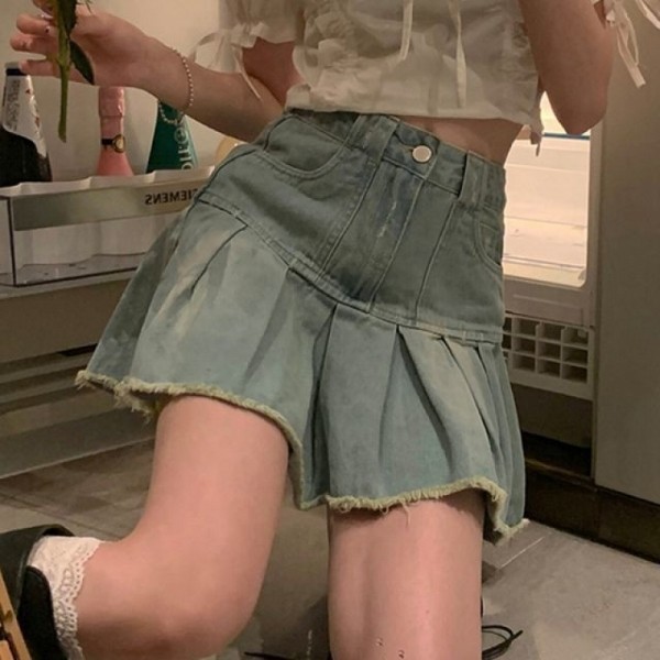 잇썸몰,여자 러블리 플리츠 데님 여행 데일리 스커트